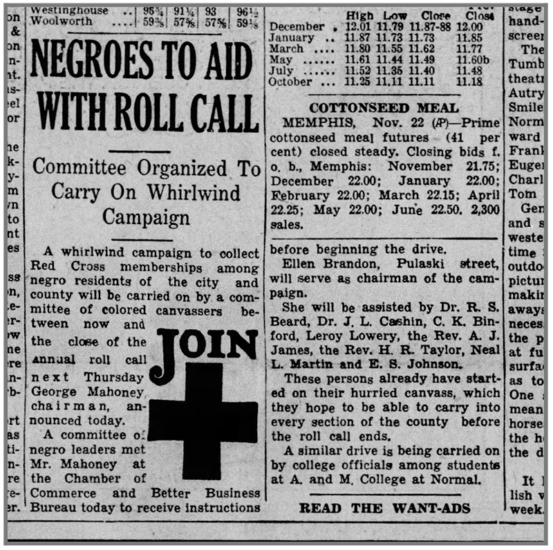 Married to Daniel Brandon, a successful contractor, Ellen Brandon was very active in community activities. She chaired the Red Cross membership campaigns for Black citizens.