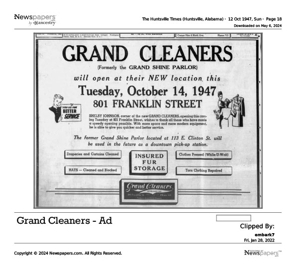 City of Huntsville halts construction of Grand Cleaners in October 1945.