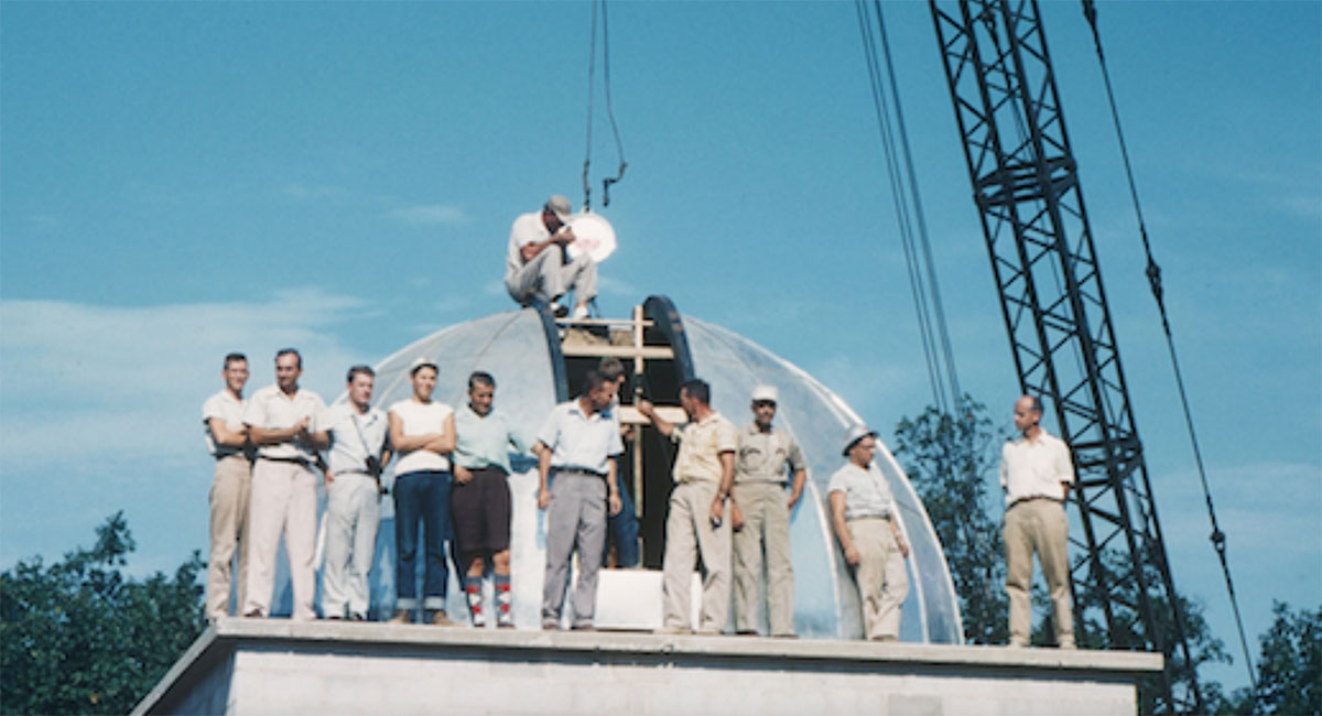 Rocket-engineers The brain trust of the nation’s space program manages the installation of the dome for the Von Braun Observatory in 1956. Von Braun is fifth from the left, wearing knee pants and argyle socks.