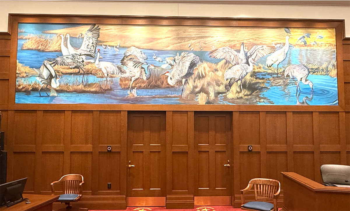 Sandhill-cranes-of-Wheeler-Wildlife-Refuge- Murals by artist Caleb O’Brian highlight North Alabama history and natural beauty in the building’s courtrooms, such as this painting of Sandhill Cranes at Wheeler Wildlife Refuge. The Art in Architecture program, a product of New Deal legislation, provides funding for original art in new federal buildings.